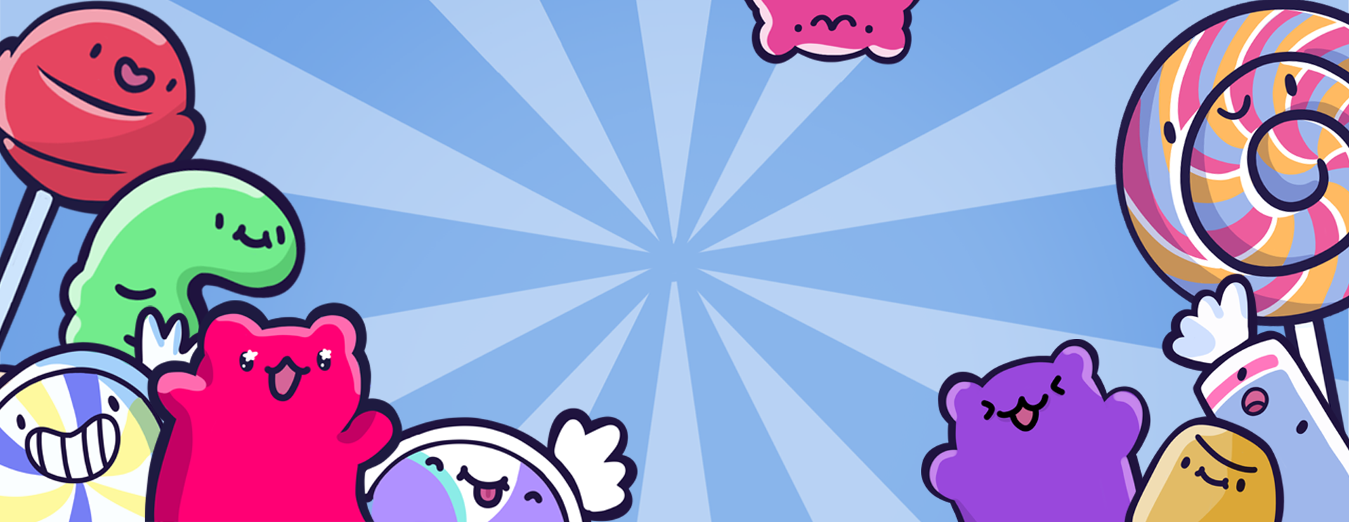 A colorful cartoon illustration of cute candy-like characters and lollipops arranged around a blue radial background, with no single physical product shown in a standard ecommerce way.