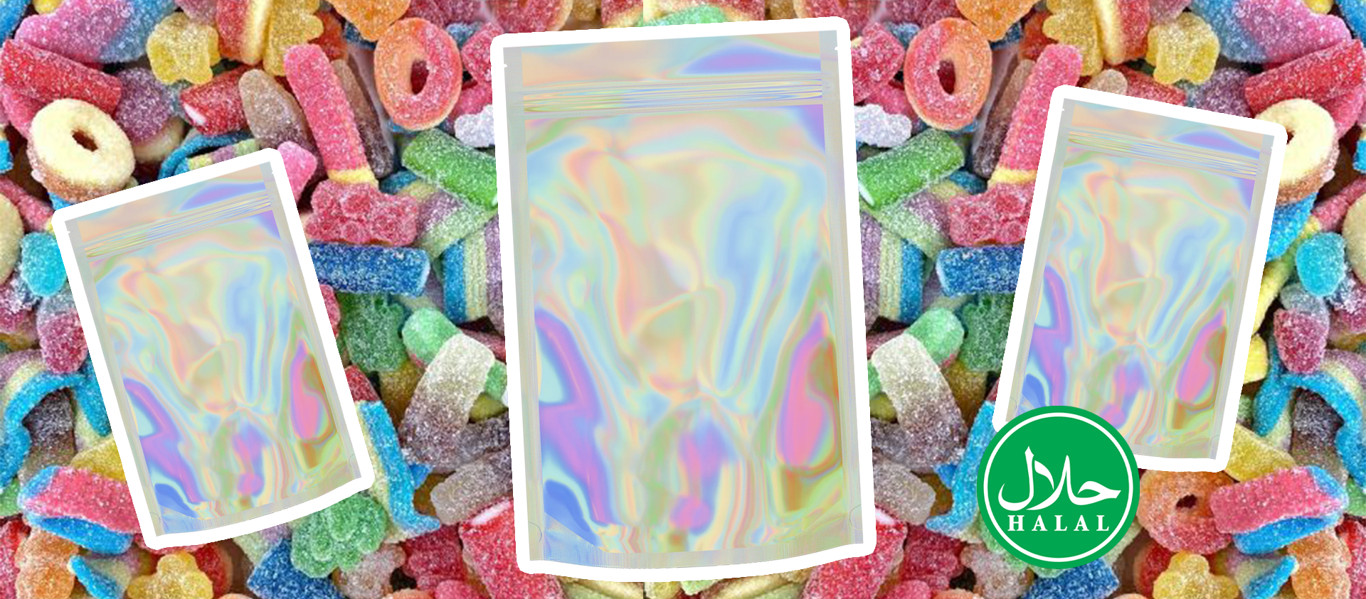 Three holographic iridescent zip-top pouches are displayed against a colorful background of assorted sour gummy candies. A green circular halal logo is visible in the bottom right corner.