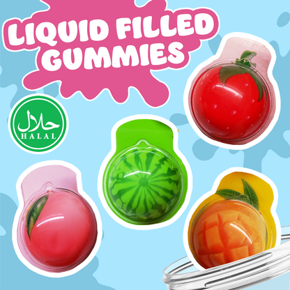 Colorful liquid filled gummies with 'Halal' logo on a blue background
