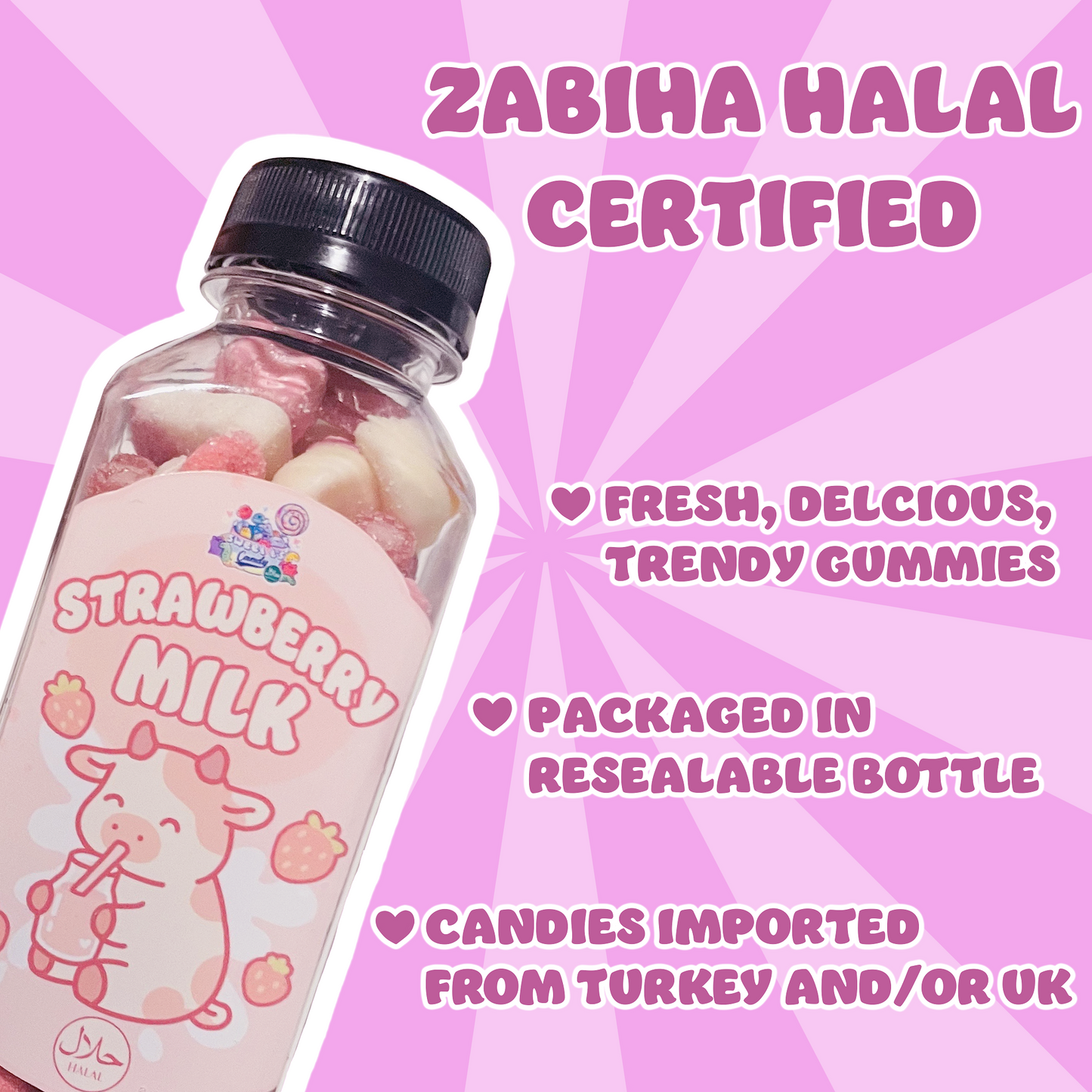 Halal Strawberry Milk Gummy Mix - 7 OZ Bottle